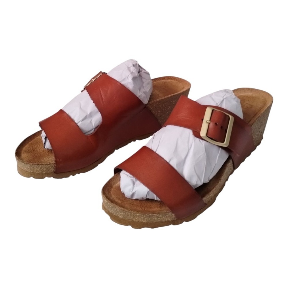 Yokono Caramel Cork Wedge Slide Comfort Leather Sandal Women's 8 Boho Preppy